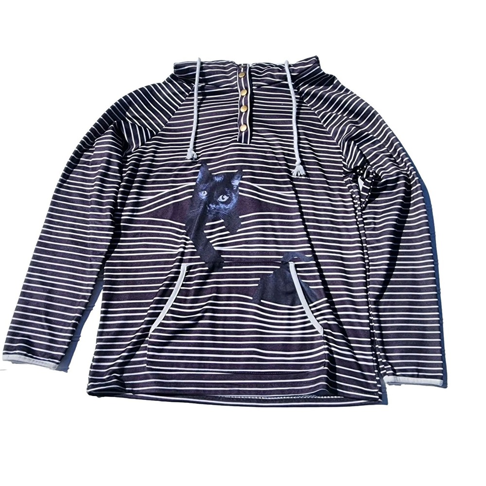 Women's Misslook Size M Cats Lady Long Sleeve Hooded T-Shirt Striped